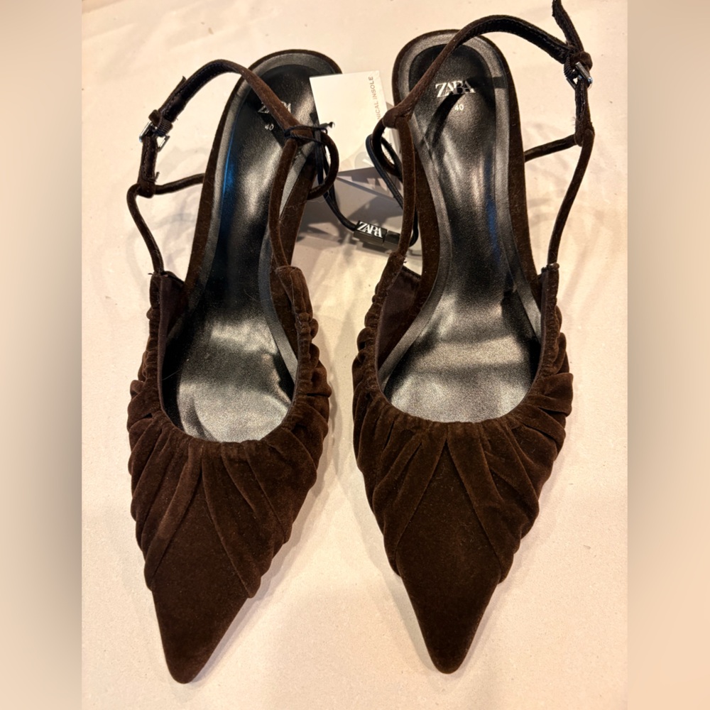 ZARA Dark Brown Velvet Pointed Slingback Heels